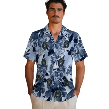 milwaukee brewers hibiscus arrangement navy blue hawaiian shirts fashion forward