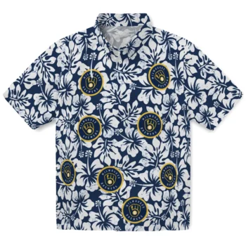 milwaukee brewers hibiscus motif navy blue white hawaiian shirts best selling