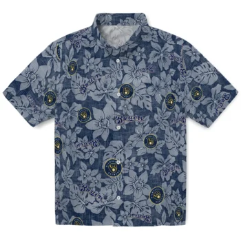 milwaukee brewers hibiscus oasis navy blue hawaiian shirts best selling