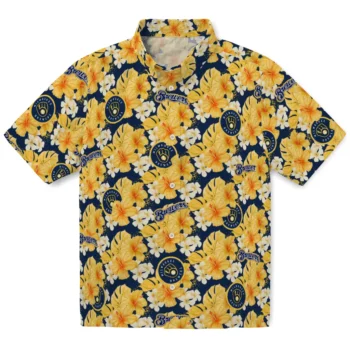 milwaukee brewers hibiscus tropics navy blue yellow hawaiian shirts best selling