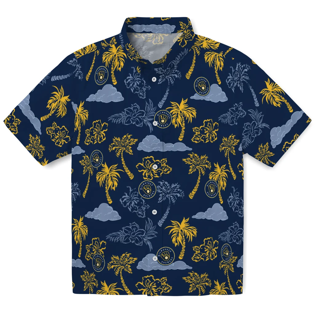 Milwaukee Brewers Hawaiian Shirt - Palm And Clouds milwaukee brewers palm and clouds navy blue hawaiian shirts best selling