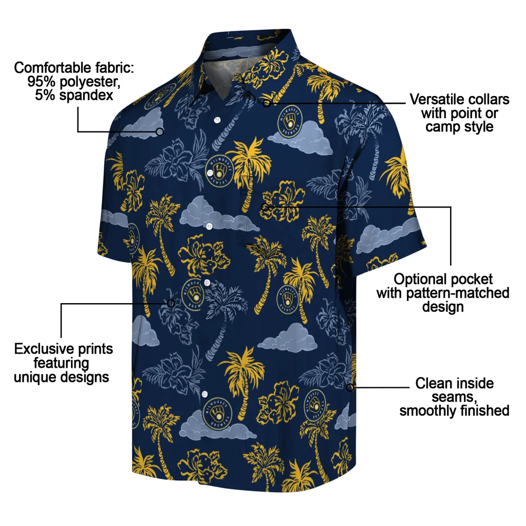 Milwaukee Brewers Hawaiian Shirt - Palm And Clouds milwaukee brewers palm and clouds navy blue hawaiian shirts new arrival