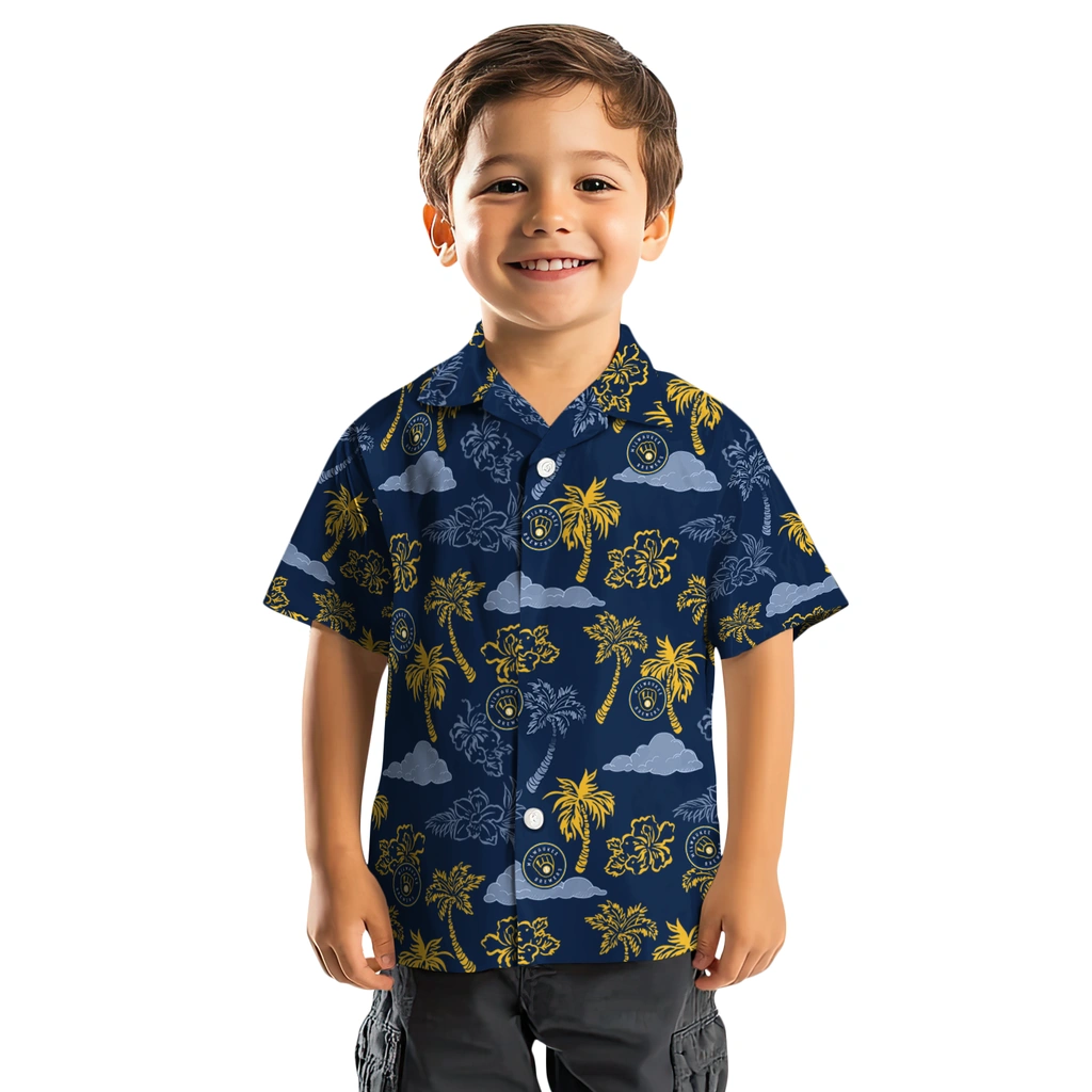 Milwaukee Brewers Hawaiian Shirt - Palm And Clouds milwaukee brewers palm and clouds navy blue hawaiian shirts top rated
