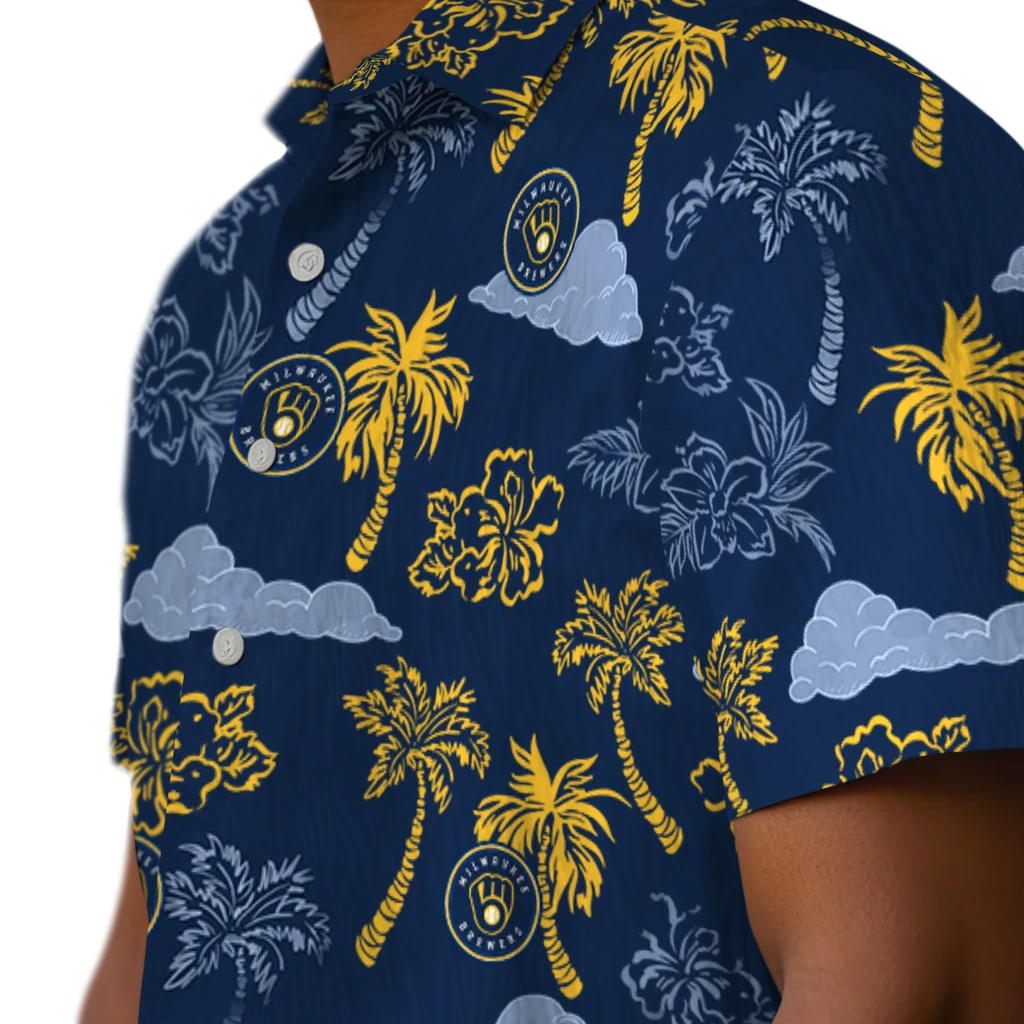 Milwaukee Brewers Hawaiian Shirt - Palm And Clouds milwaukee brewers palm and clouds navy blue hawaiian shirts trendy