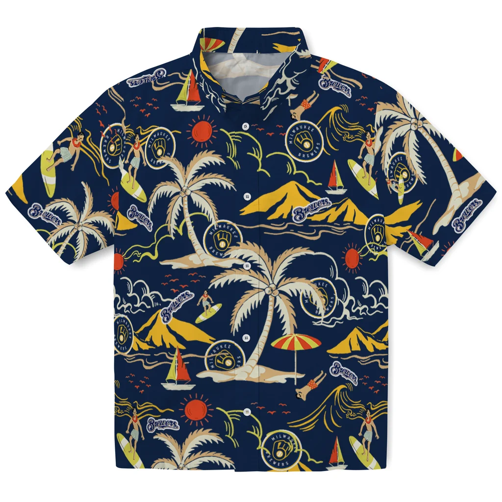 Milwaukee Brewers Hawaiian Shirt - Palm Tree Island milwaukee brewers palm tree island navy blue hawaiian shirts best selling
