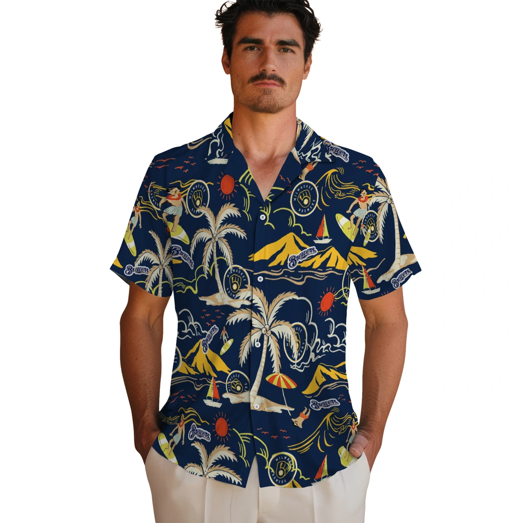 Milwaukee Brewers Hawaiian Shirt - Palm Tree Island milwaukee brewers palm tree island navy blue hawaiian shirts fashion forward