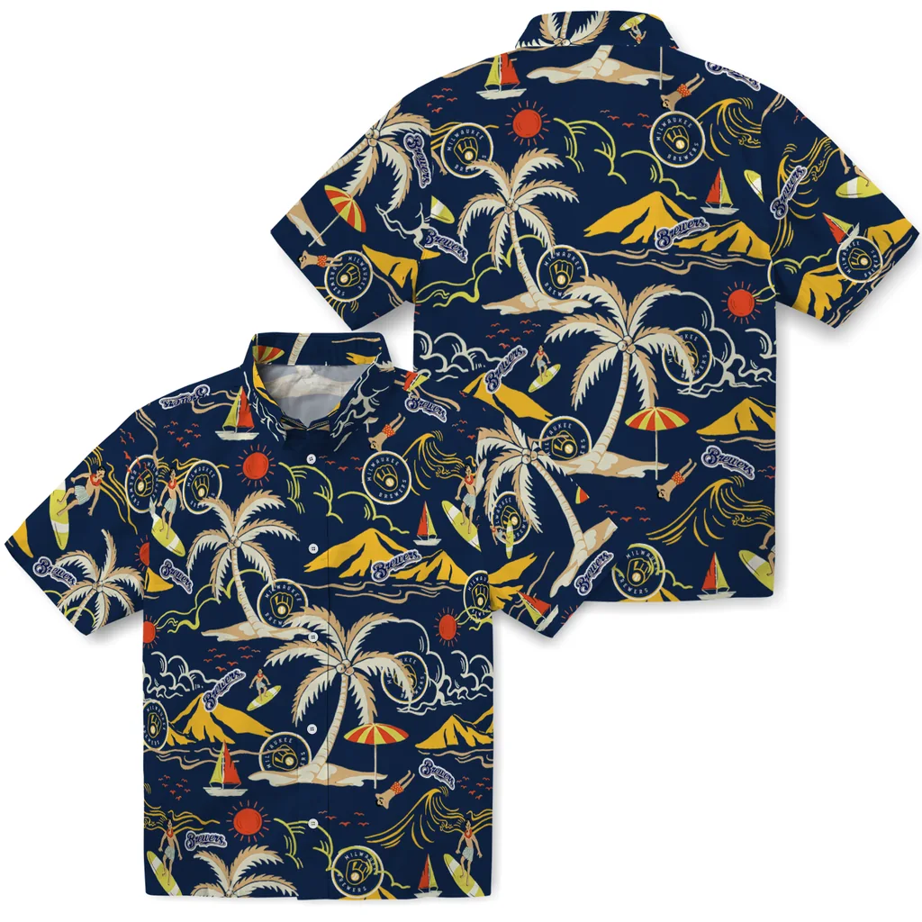 Milwaukee Brewers Hawaiian Shirt - Palm Tree Island milwaukee brewers palm tree island navy blue hawaiian shirts high quality