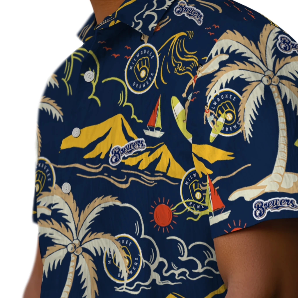 Milwaukee Brewers Hawaiian Shirt - Palm Tree Island milwaukee brewers palm tree island navy blue hawaiian shirts trendy