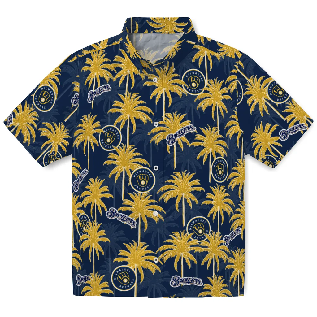 Milwaukee Brewers Hawaiian Shirt - Palm Tree Motif milwaukee brewers palm grove navy blue hawaiian shirts best selling