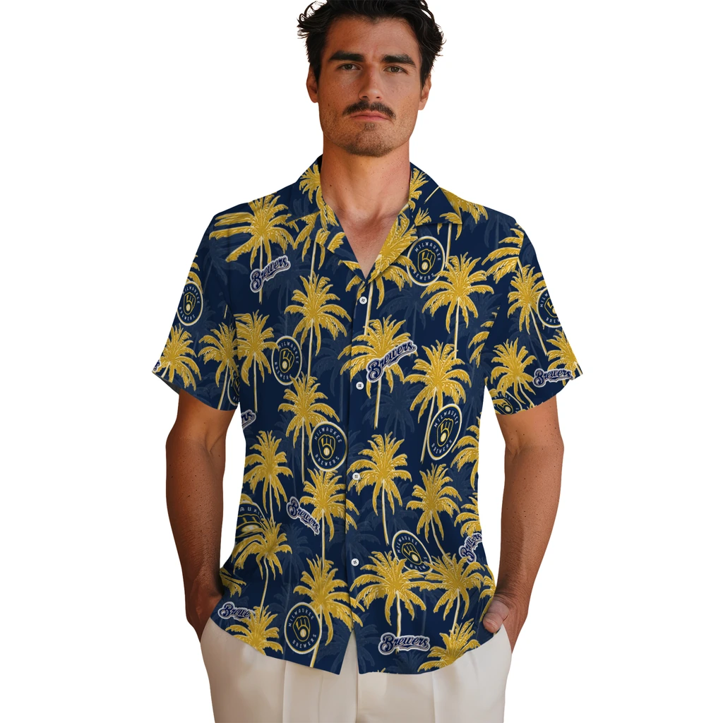 Milwaukee Brewers Hawaiian Shirt - Palm Tree Motif milwaukee brewers palm grove navy blue hawaiian shirts fashion forward
