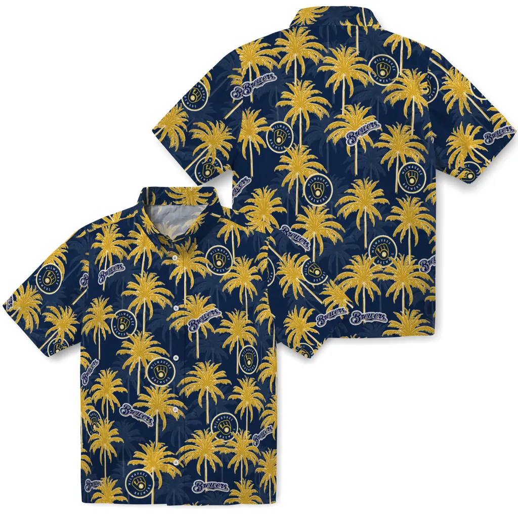 Milwaukee Brewers Hawaiian Shirt - Palm Tree Motif milwaukee brewers palm grove navy blue hawaiian shirts high quality