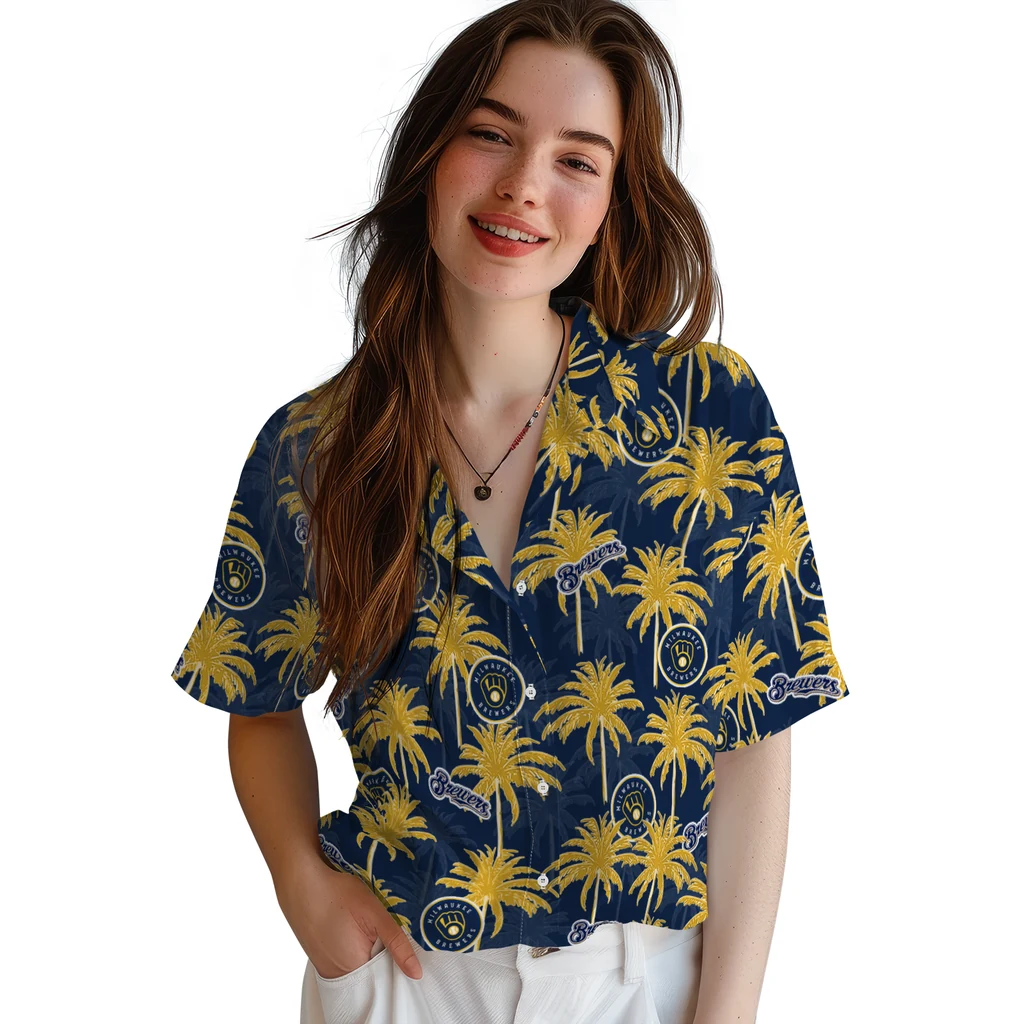 Milwaukee Brewers Hawaiian Shirt - Palm Tree Motif milwaukee brewers palm grove navy blue hawaiian shirts latest model