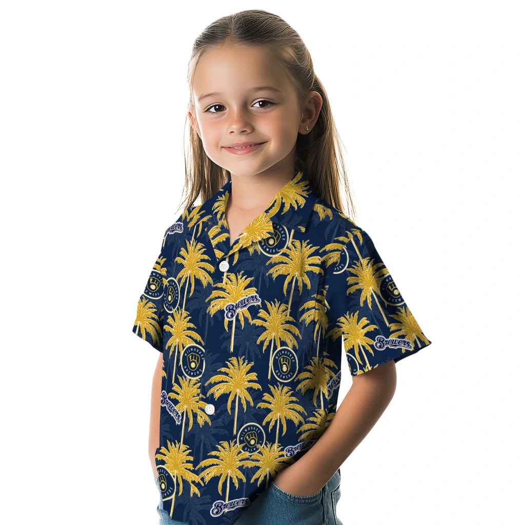 Milwaukee Brewers Hawaiian Shirt - Palm Tree Motif milwaukee brewers palm grove navy blue hawaiian shirts premium grade