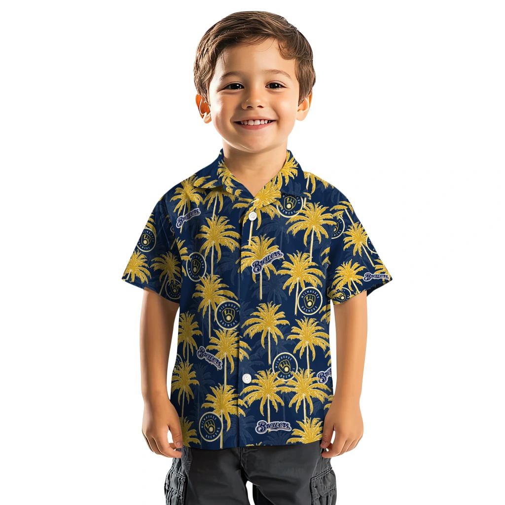 Milwaukee Brewers Hawaiian Shirt - Palm Tree Motif milwaukee brewers palm grove navy blue hawaiian shirts top rated