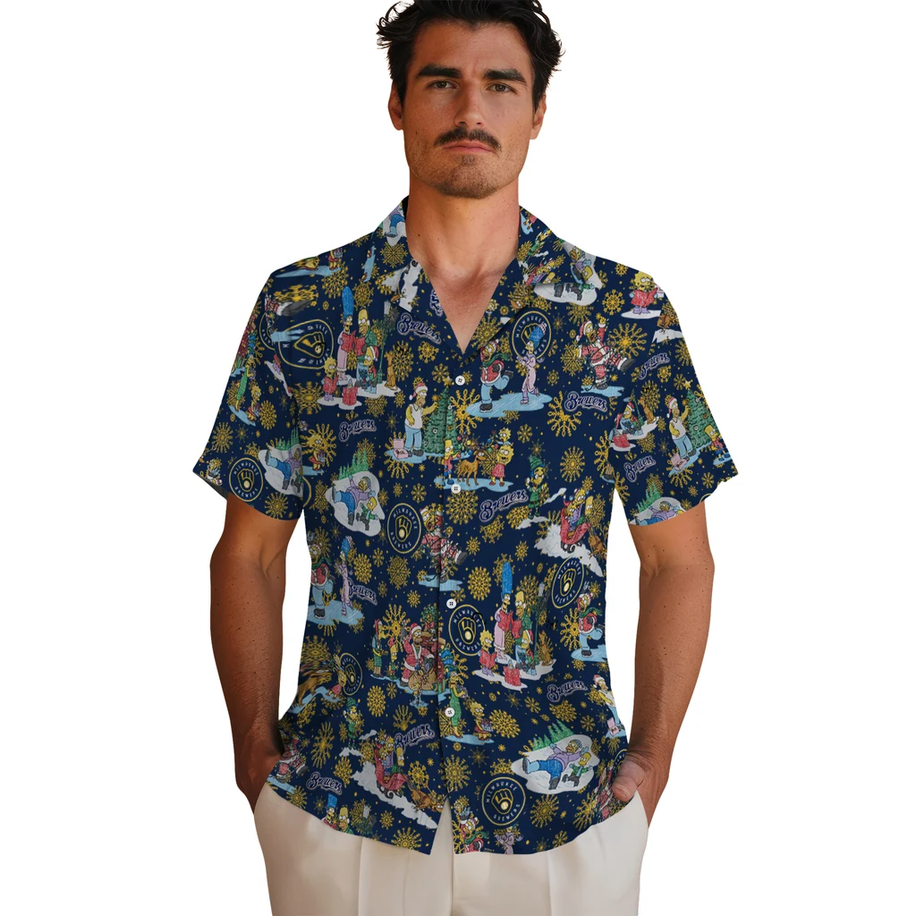 Milwaukee Brewers Hawaiian Shirt - Simpsons Christmas milwaukee brewers simpsons christmas navy blue hawaiian shirts fashion forward
