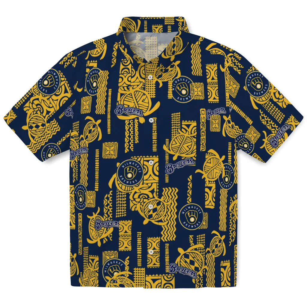 Milwaukee Brewers Hawaiian Shirt - Turtle Lines milwaukee brewers turtle lines navy blue hawaiian shirts best selling