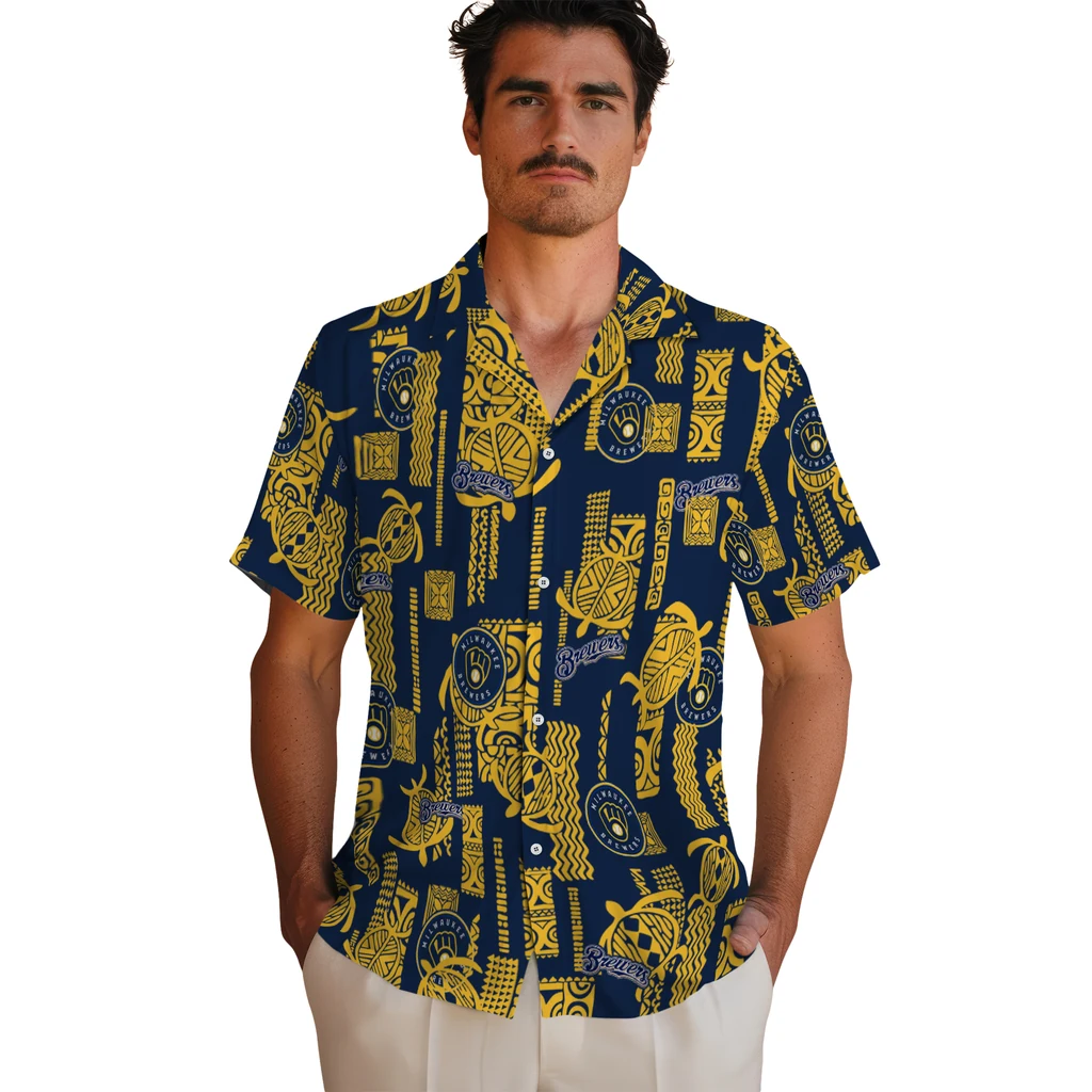 Milwaukee Brewers Hawaiian Shirt - Turtle Lines milwaukee brewers turtle lines navy blue hawaiian shirts fashion forward