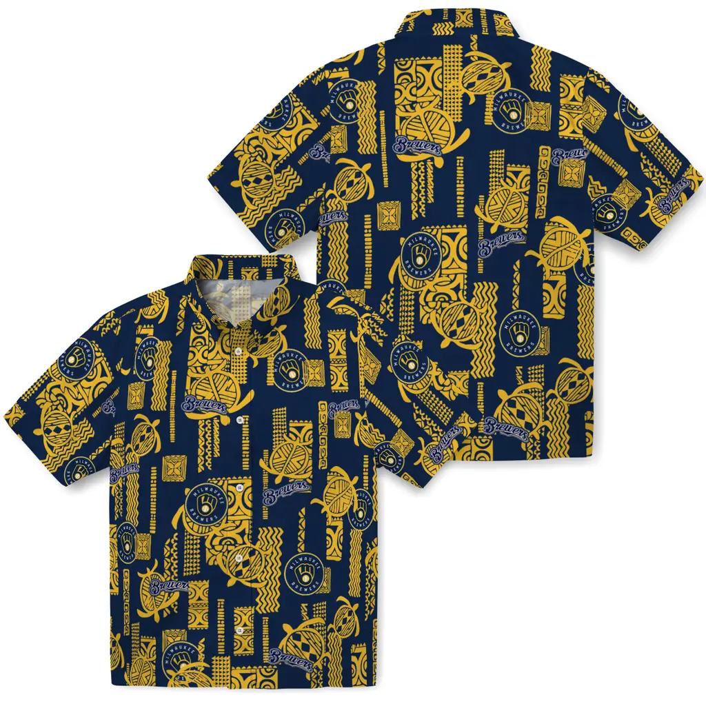 Milwaukee Brewers Hawaiian Shirt - Turtle Lines milwaukee brewers turtle lines navy blue hawaiian shirts high quality