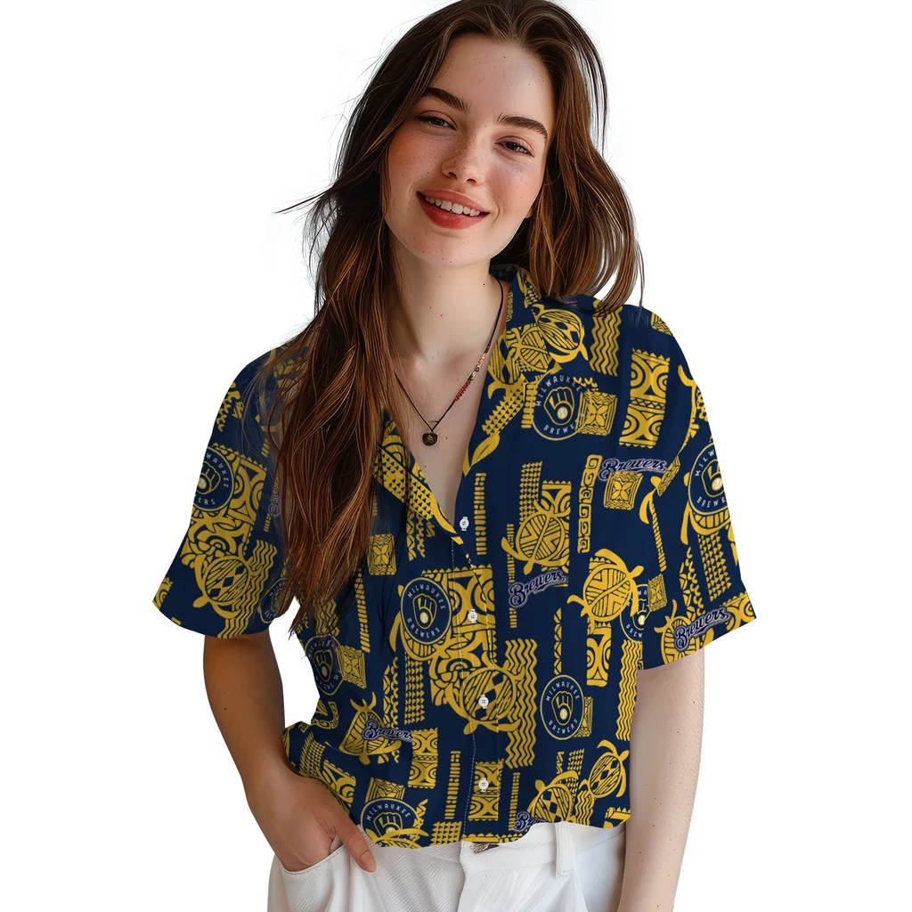 Milwaukee Brewers Hawaiian Shirt - Turtle Lines milwaukee brewers turtle lines navy blue hawaiian shirts latest model