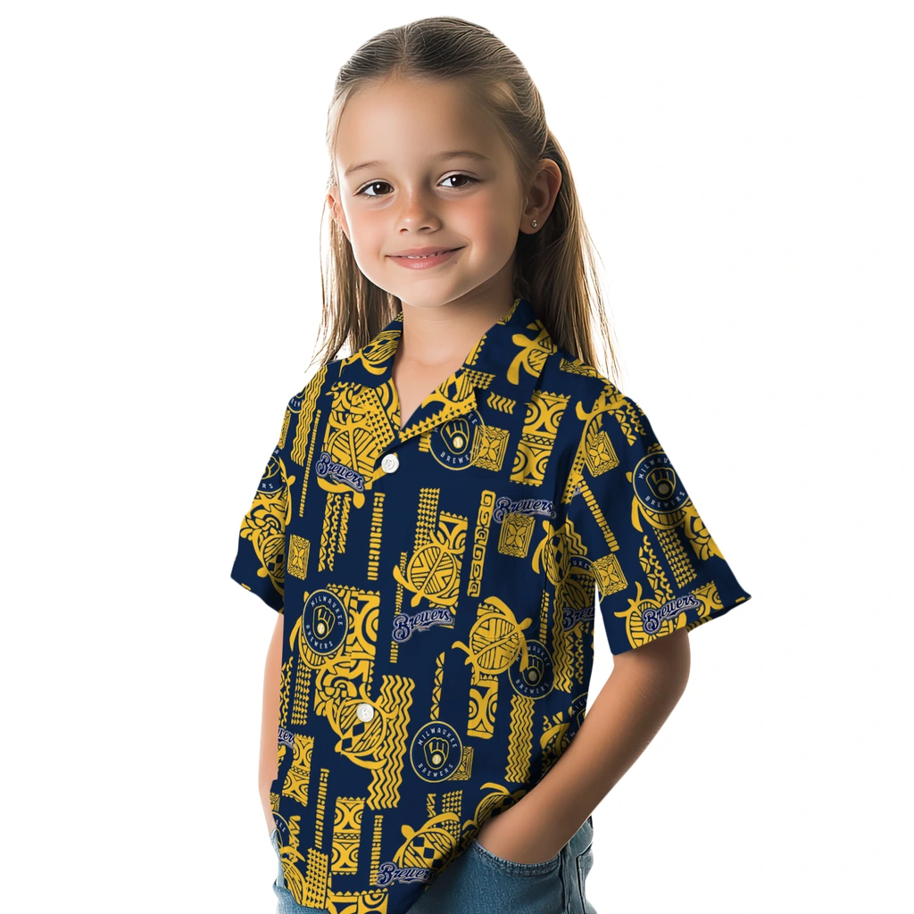 Milwaukee Brewers Hawaiian Shirt - Turtle Lines milwaukee brewers turtle lines navy blue hawaiian shirts premium grade