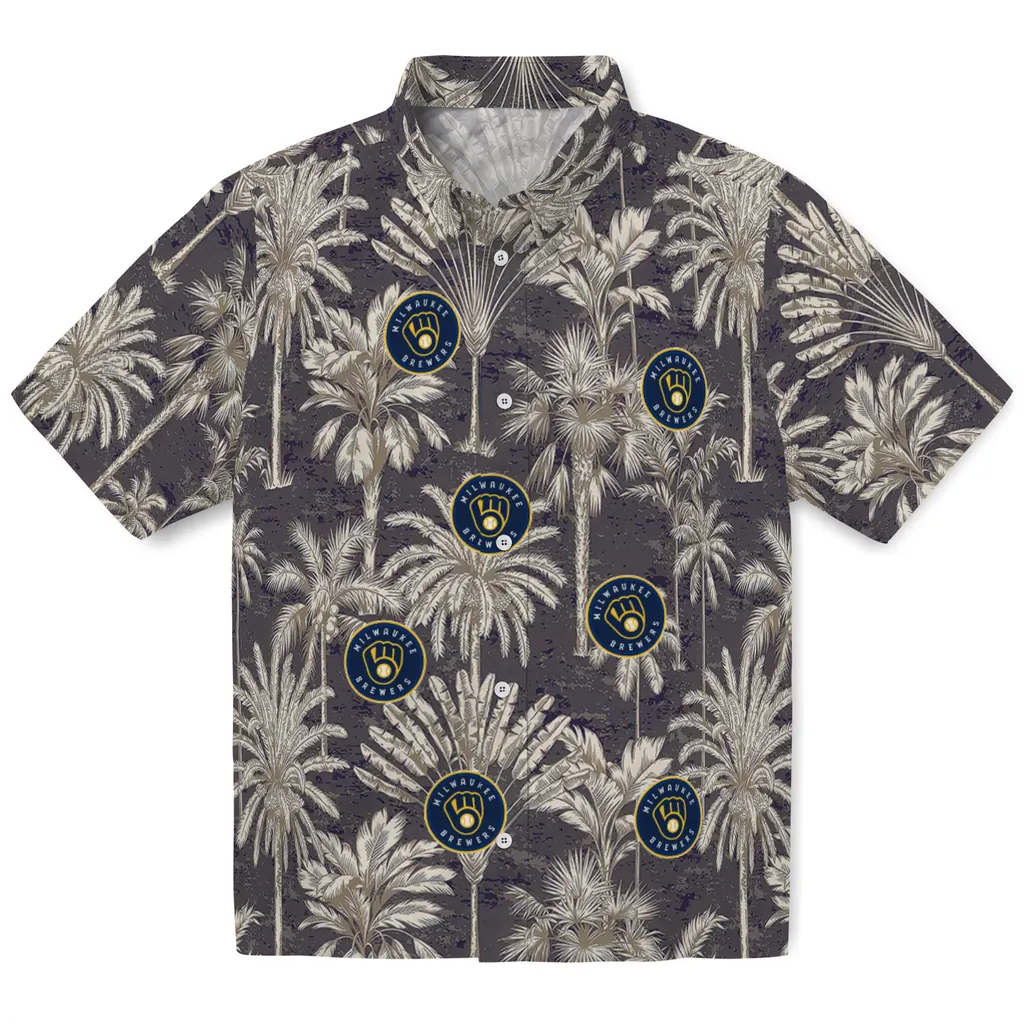 Milwaukee Brewers Hawaiian Shirt - Vintage Palm Tree milwaukee brewers palm shadows navy blue hawaiian shirts best selling