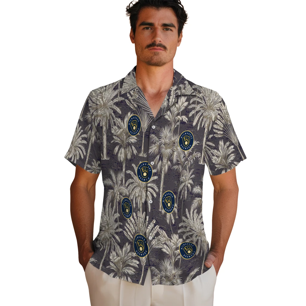 Milwaukee Brewers Hawaiian Shirt - Vintage Palm Tree milwaukee brewers palm shadows navy blue hawaiian shirts fashion forward