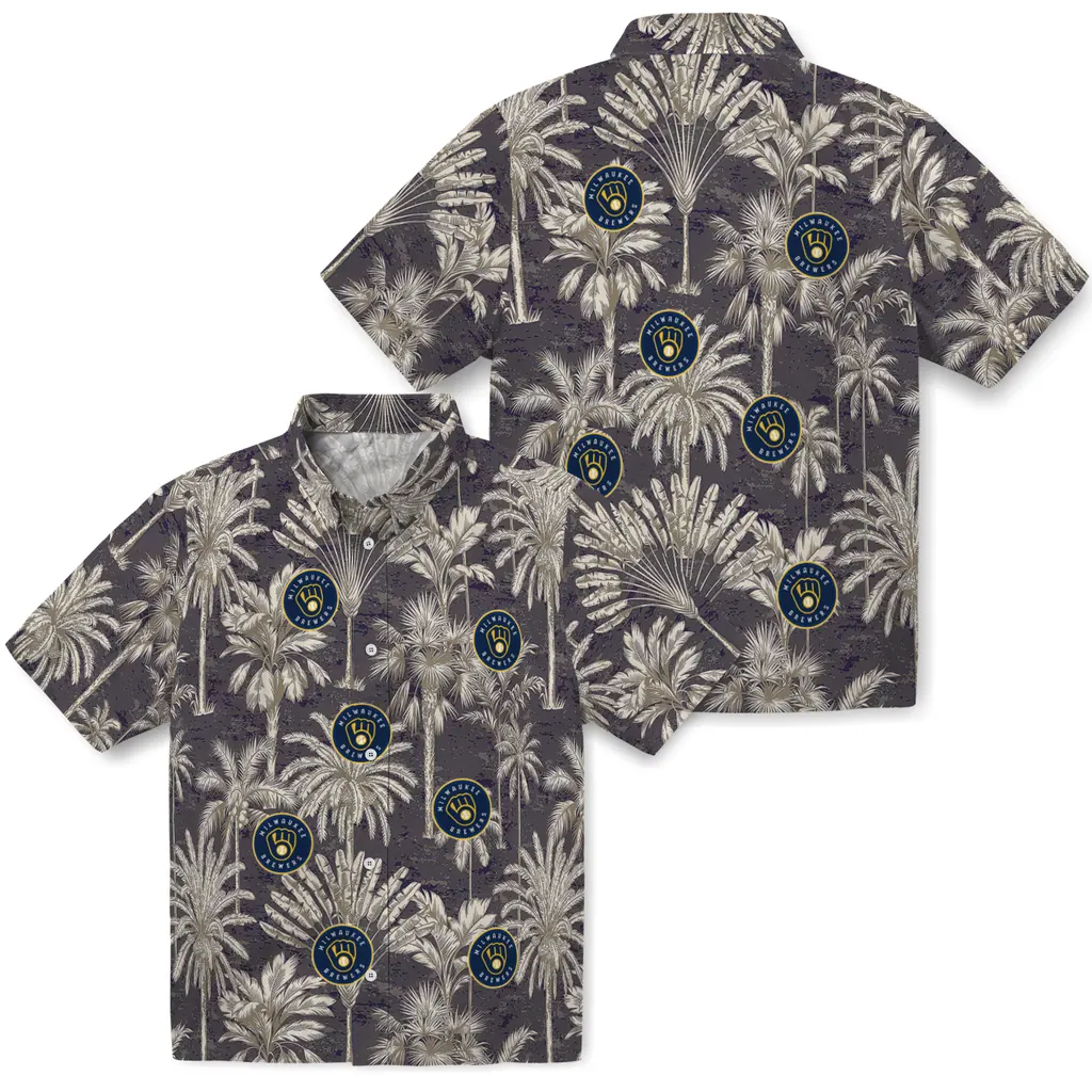 Milwaukee Brewers Hawaiian Shirt - Vintage Palm Tree milwaukee brewers palm shadows navy blue hawaiian shirts high quality