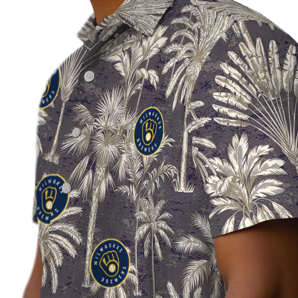 Milwaukee Brewers Hawaiian Shirt - Vintage Palm Tree milwaukee brewers palm shadows navy blue hawaiian shirts trendy