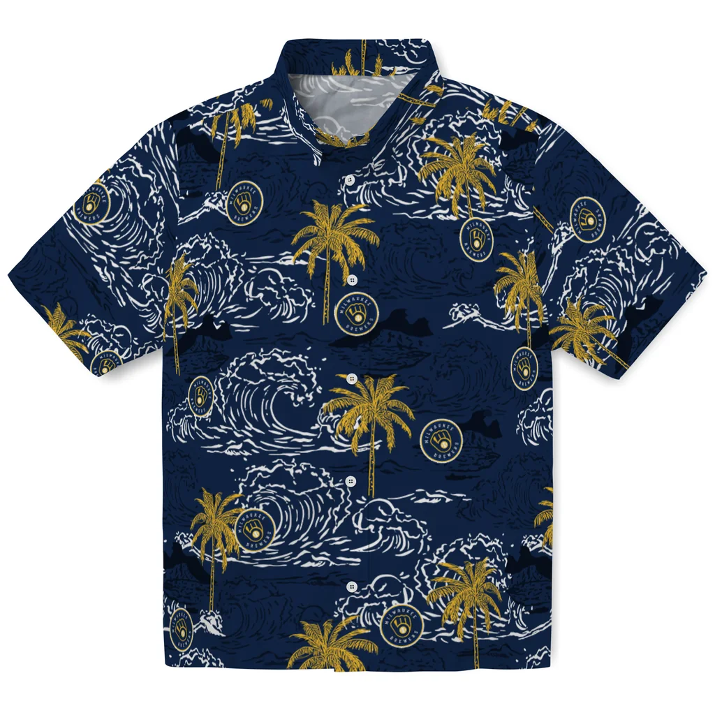 Milwaukee Brewers Hawaiian Shirt - Wave Palm milwaukee brewers wave palm navy blue hawaiian shirts best selling