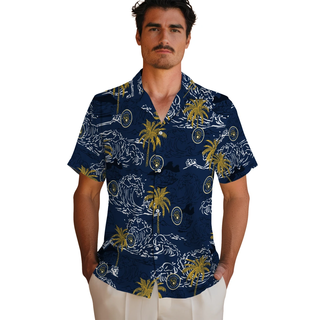 Milwaukee Brewers Hawaiian Shirt - Wave Palm milwaukee brewers wave palm navy blue hawaiian shirts fashion forward