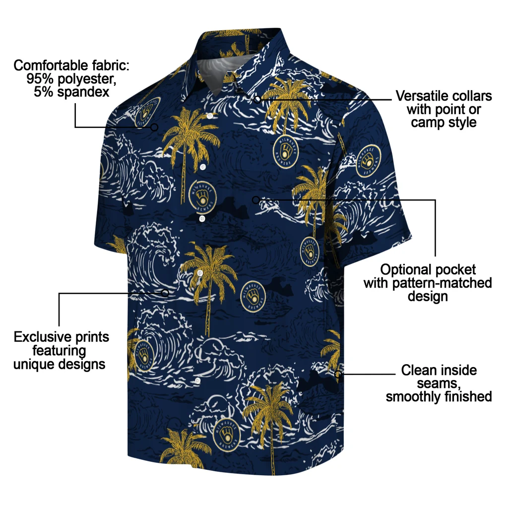 Milwaukee Brewers Hawaiian Shirt - Wave Palm milwaukee brewers wave palm navy blue hawaiian shirts new arrival
