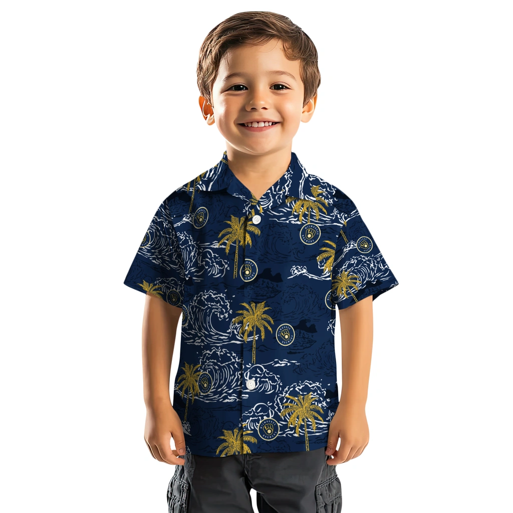 Milwaukee Brewers Hawaiian Shirt - Wave Palm milwaukee brewers wave palm navy blue hawaiian shirts top rated