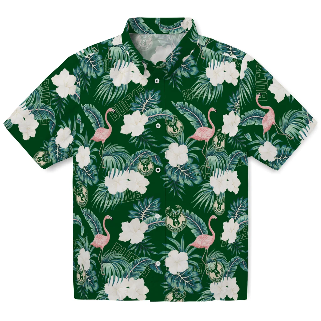 Milwaukee Bucks Hawaiian Shirt - Flamingo and Hibiscus milwaukee bucks flamingo palms green hawaiian shirts best selling