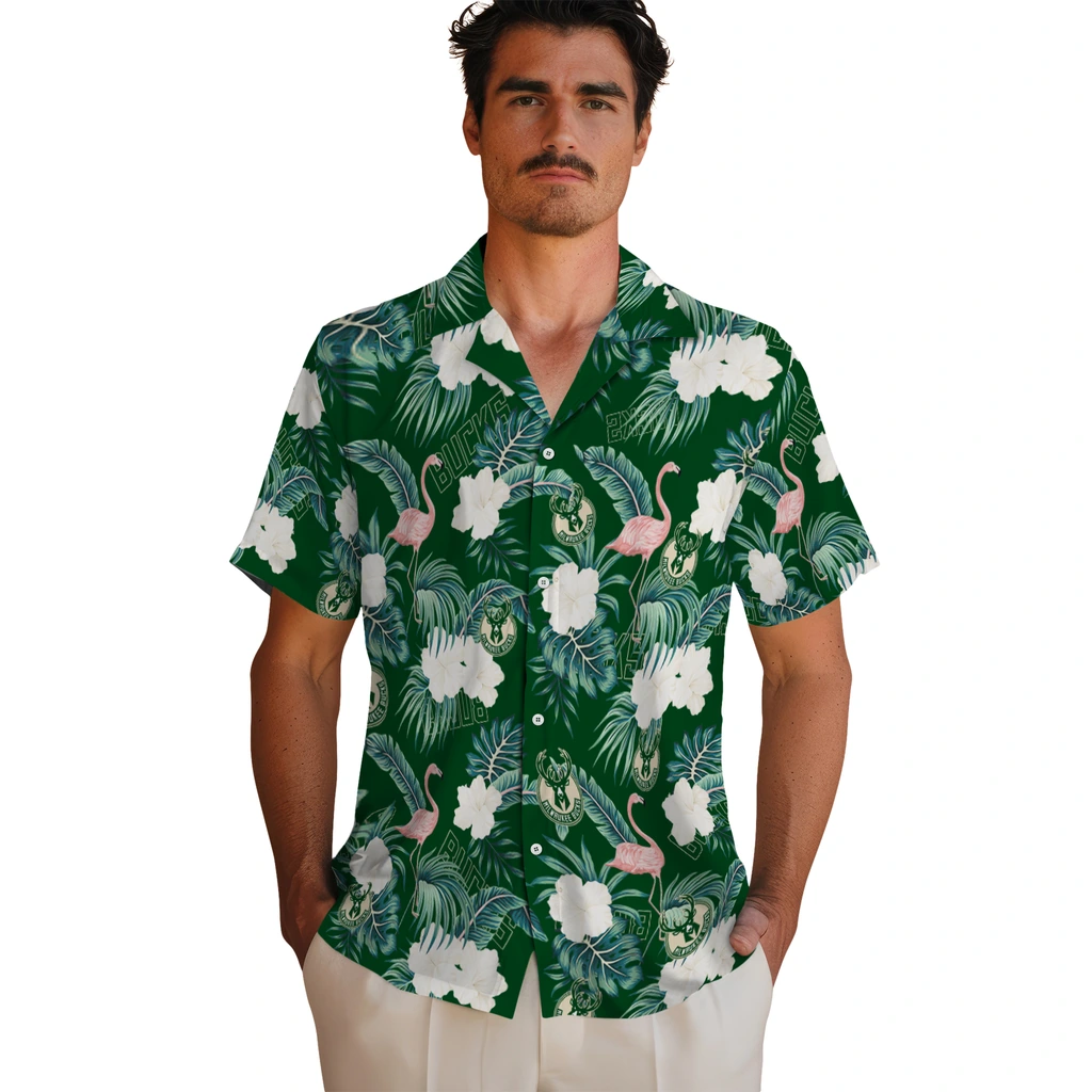 Milwaukee Bucks Hawaiian Shirt - Flamingo and Hibiscus milwaukee bucks flamingo palms green hawaiian shirts fashion forward