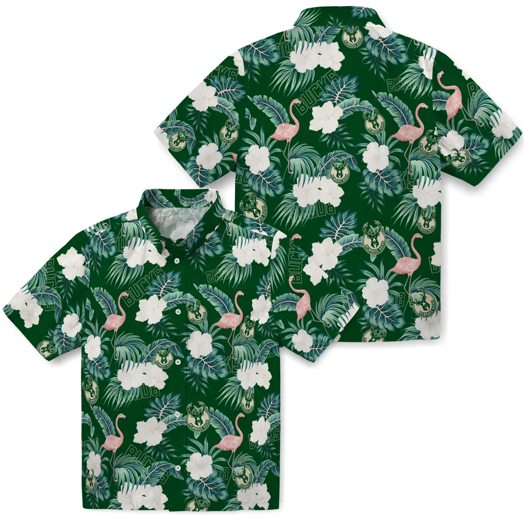 Milwaukee Bucks Hawaiian Shirt - Flamingo and Hibiscus milwaukee bucks flamingo palms green hawaiian shirts high quality