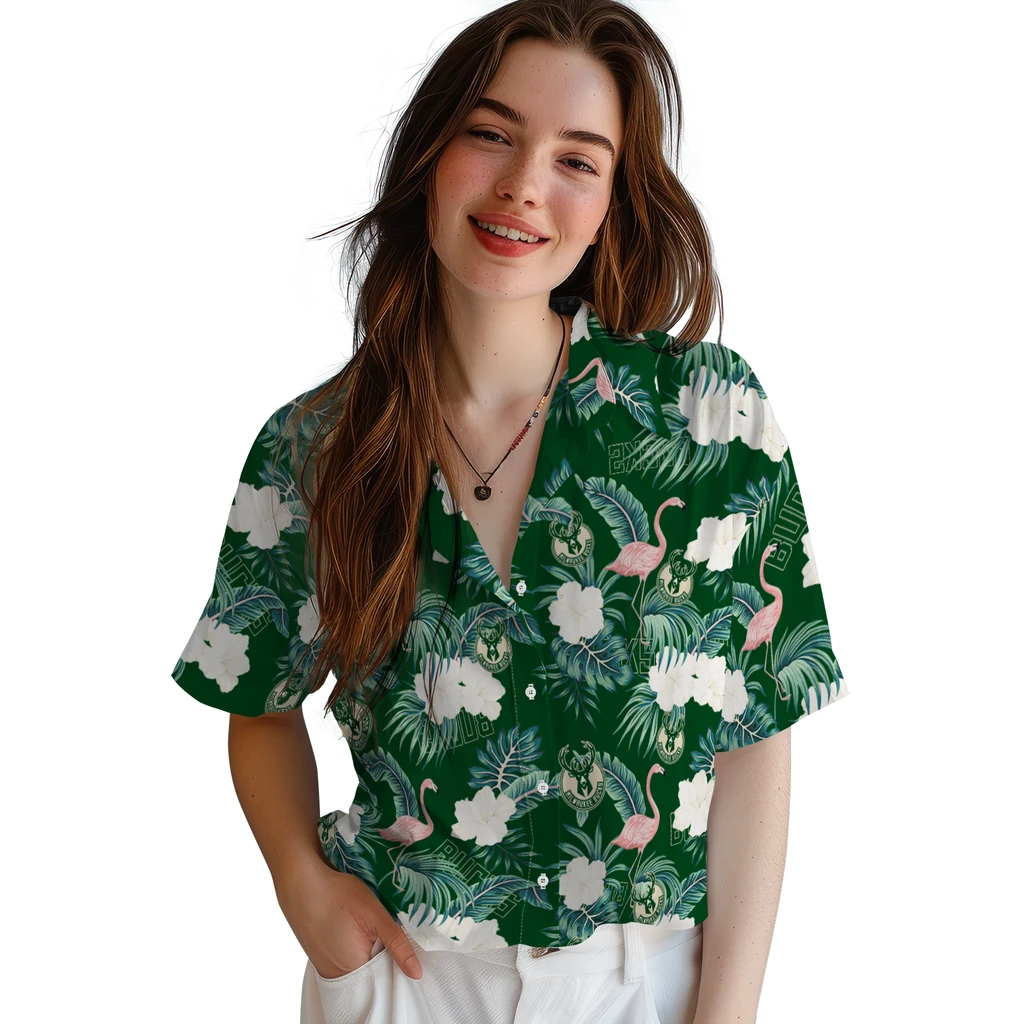 Milwaukee Bucks Hawaiian Shirt - Flamingo and Hibiscus milwaukee bucks flamingo palms green hawaiian shirts latest model