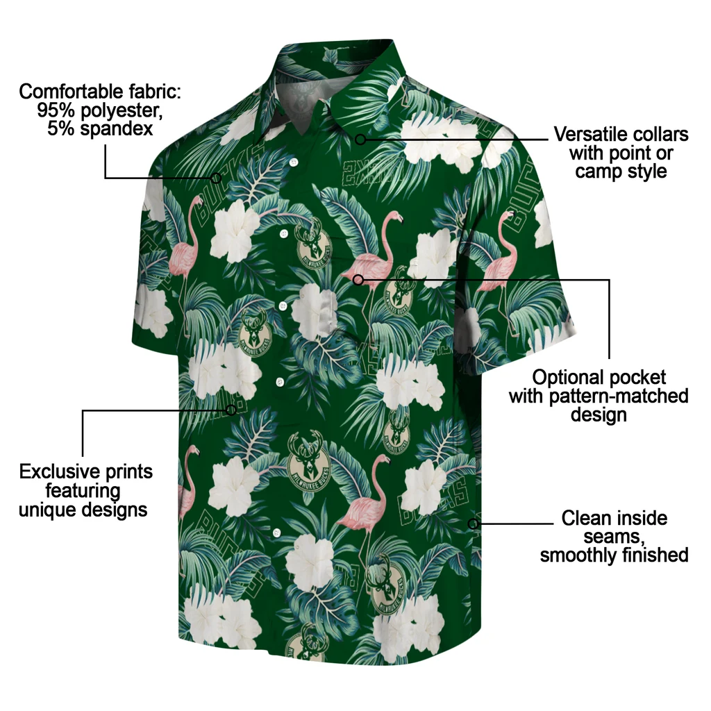 Milwaukee Bucks Hawaiian Shirt - Flamingo and Hibiscus milwaukee bucks flamingo palms green hawaiian shirts new arrival