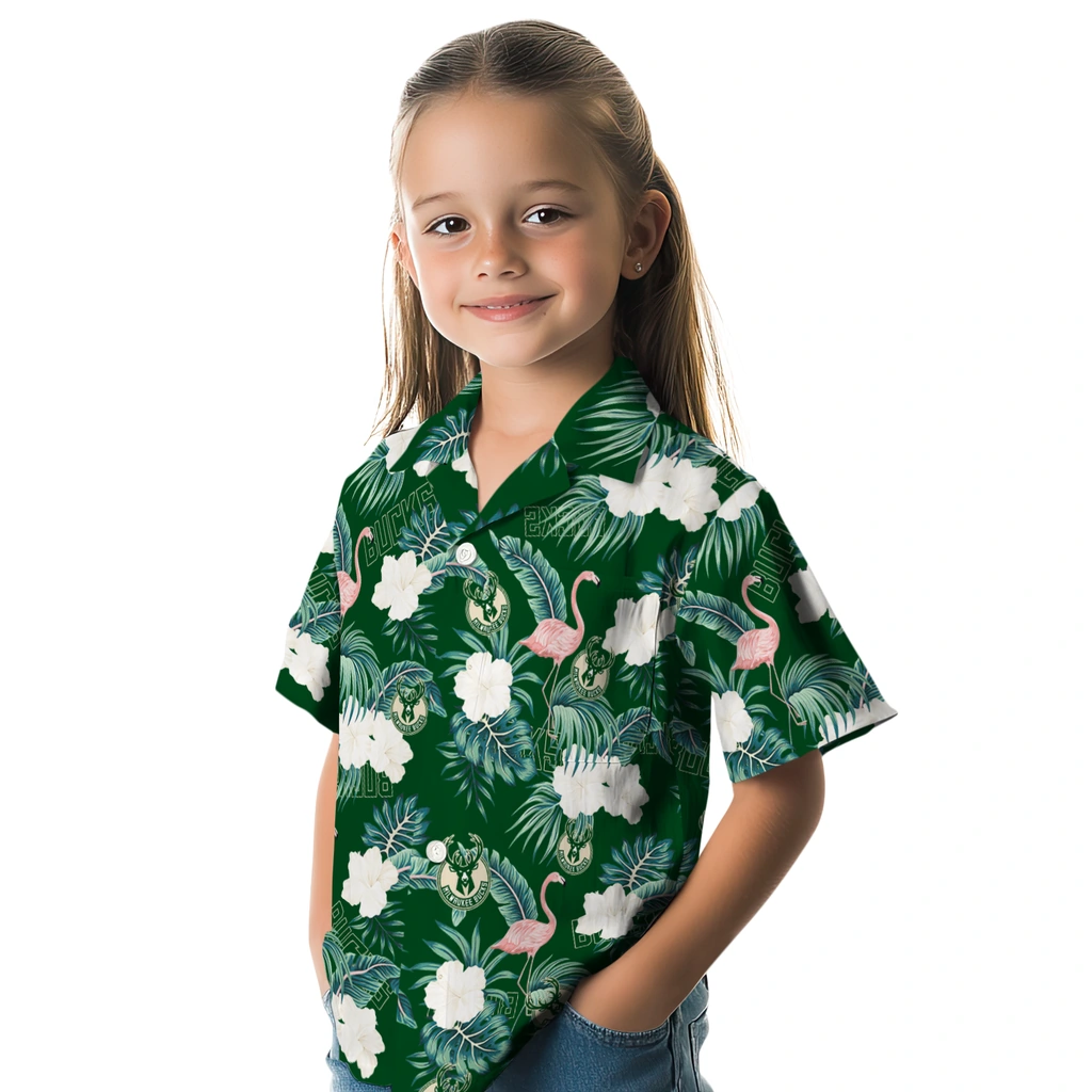 Milwaukee Bucks Hawaiian Shirt - Flamingo and Hibiscus milwaukee bucks flamingo palms green hawaiian shirts premium grade