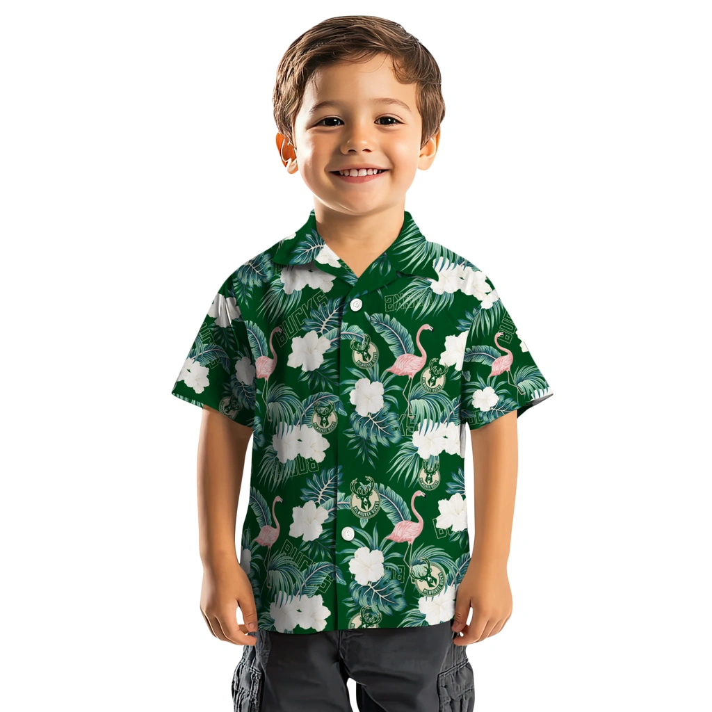 Milwaukee Bucks Hawaiian Shirt - Flamingo and Hibiscus milwaukee bucks flamingo palms green hawaiian shirts top rated