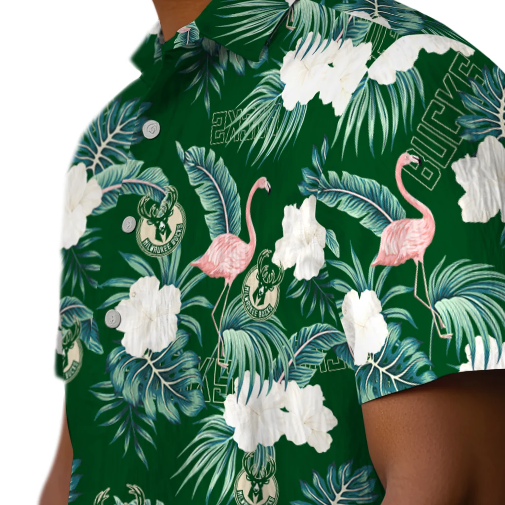 Milwaukee Bucks Hawaiian Shirt - Flamingo and Hibiscus milwaukee bucks flamingo palms green hawaiian shirts trendy