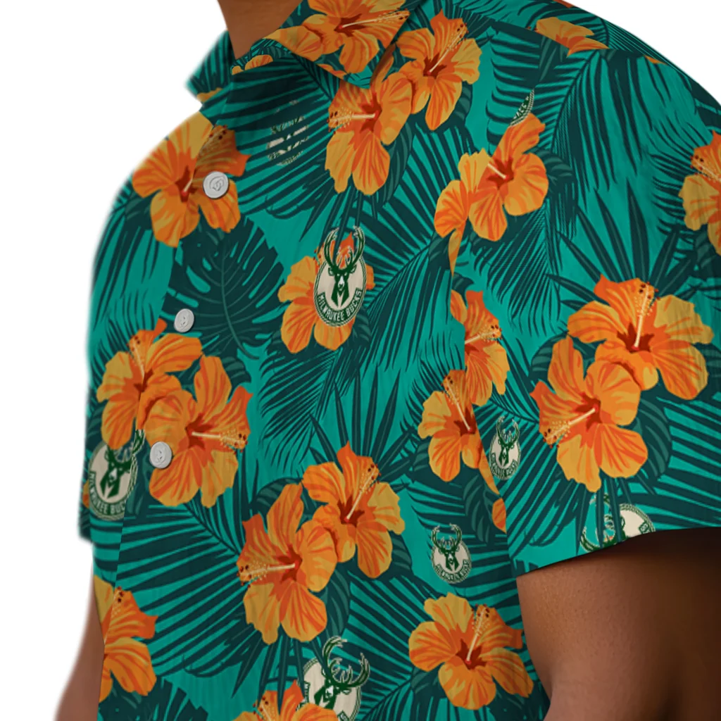 Milwaukee Bucks Hawaiian Shirt - Hibiscus and Palm Leaves milwaukee bucks hibiscus escape green hawaiian shirts trendy