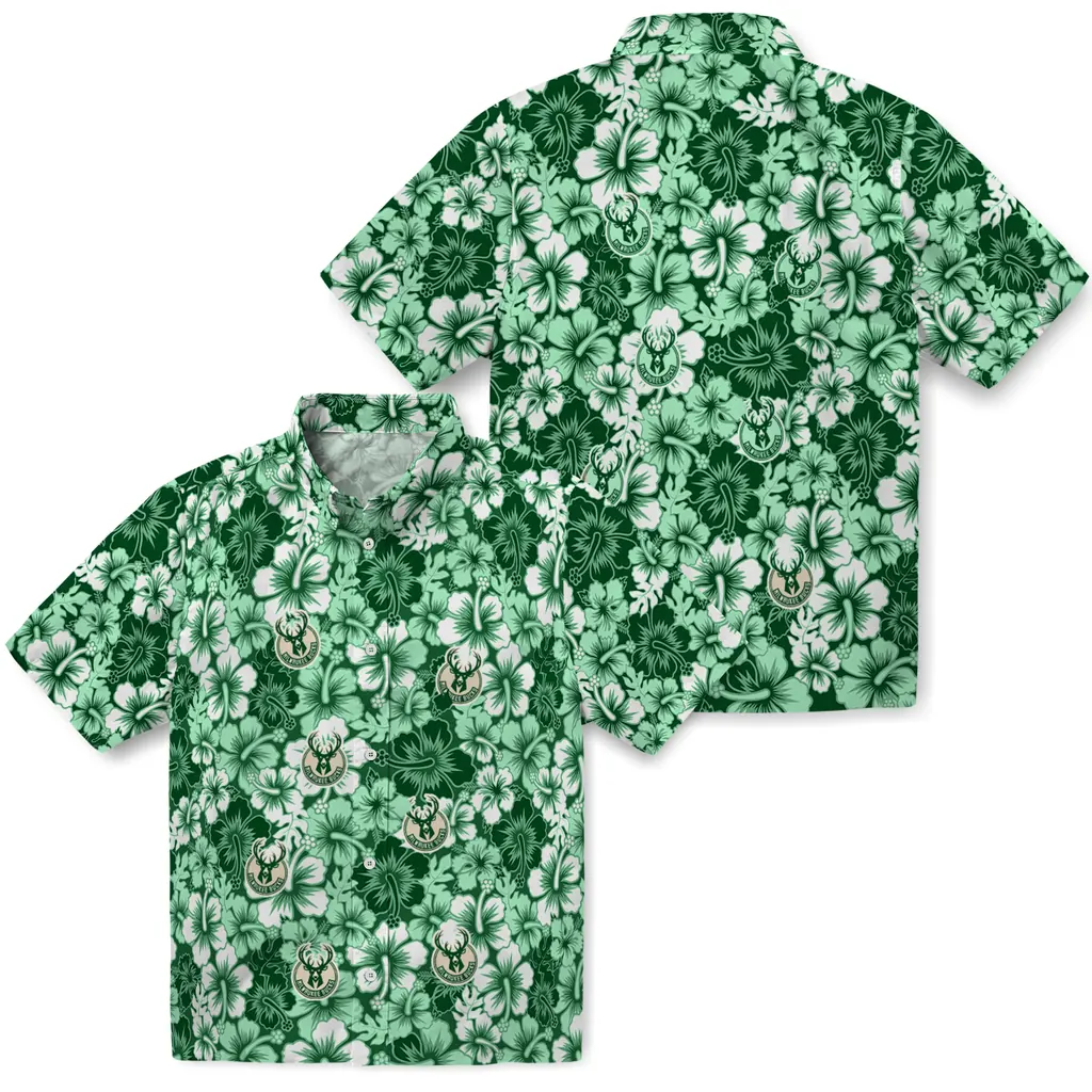Milwaukee Bucks Hawaiian Shirt - Hibiscus Blooms milwaukee bucks hibiscus blooms green hawaiian shirts high quality