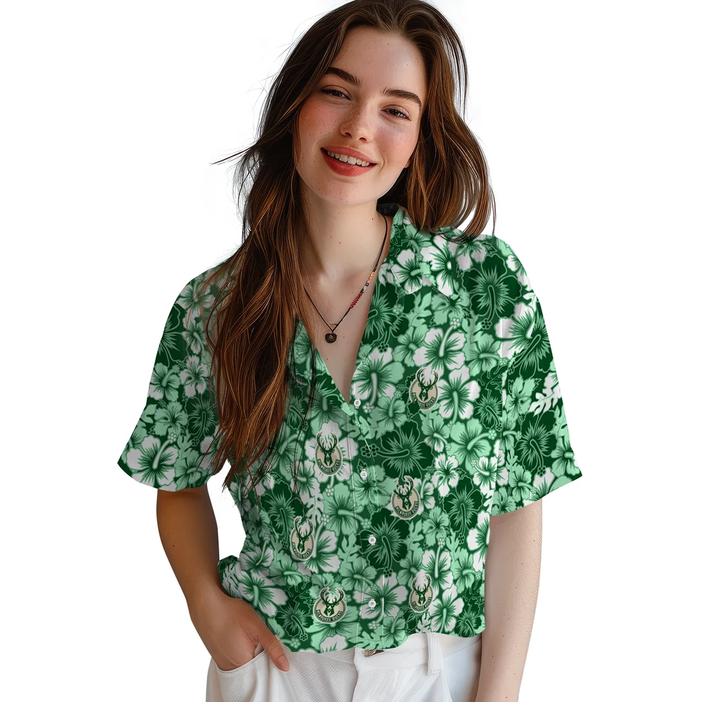 Milwaukee Bucks Hawaiian Shirt - Hibiscus Blooms milwaukee bucks hibiscus blooms green hawaiian shirts latest model