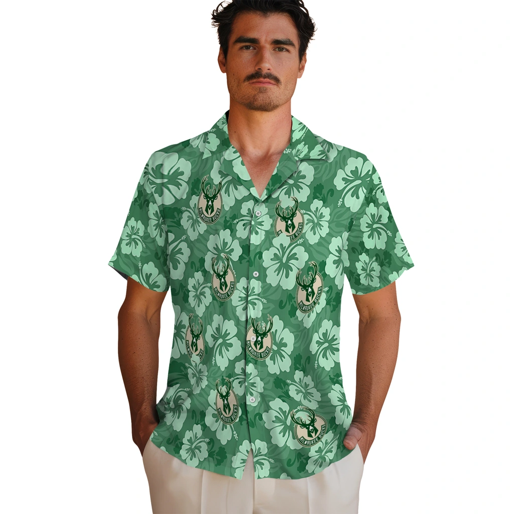 Milwaukee Bucks Hawaiian Shirt - Hibiscus Cluster milwaukee bucks hibiscus cluster green hawaiian shirts fashion forward