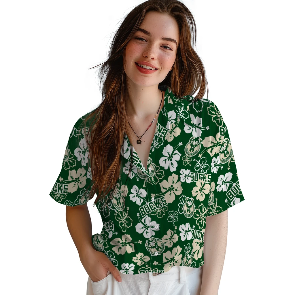 Milwaukee Bucks Hawaiian Shirt - Hibiscus Flower Design milwaukee bucks hibiscus bloom green hawaiian shirts latest model