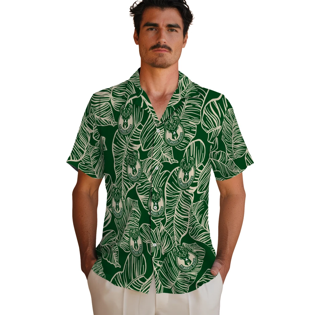 Milwaukee Bucks Hawaiian Shirt - Leaf Outline milwaukee bucks leaf outline green hawaiian shirts fashion forward