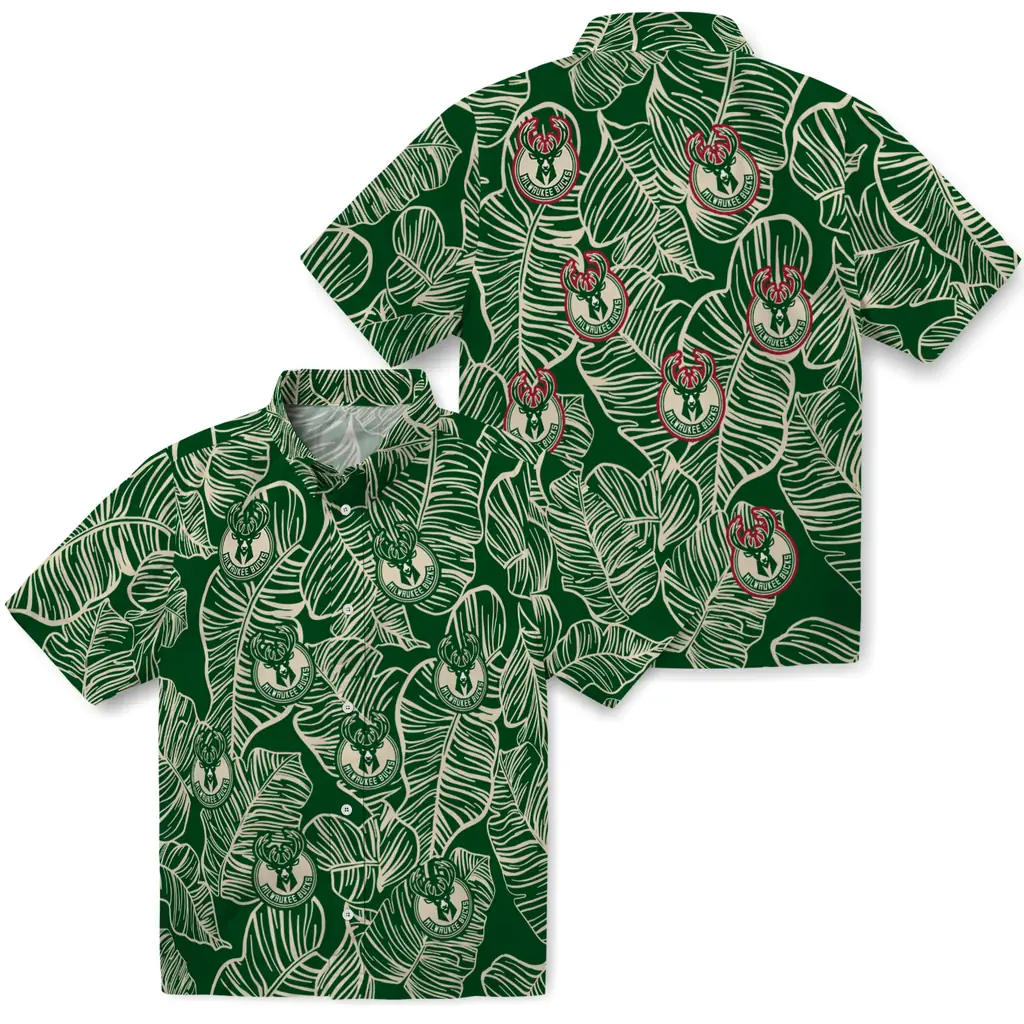 Milwaukee Bucks Hawaiian Shirt - Leaf Outline milwaukee bucks leaf outline green hawaiian shirts high quality