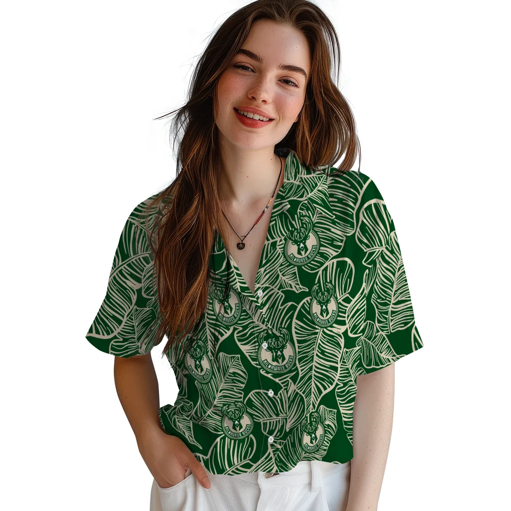 Milwaukee Bucks Hawaiian Shirt - Leaf Outline milwaukee bucks leaf outline green hawaiian shirts latest model