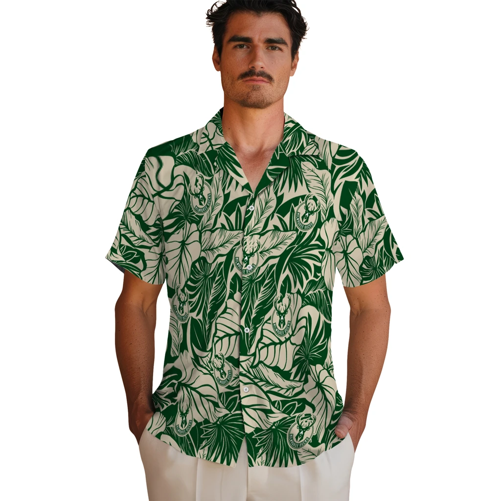 Milwaukee Bucks Hawaiian Shirt - Monstera Layer milwaukee bucks monstera layer green hawaiian shirts fashion forward