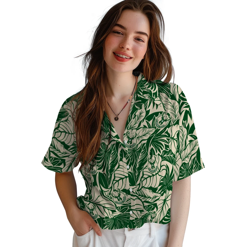 Milwaukee Bucks Hawaiian Shirt - Monstera Layer milwaukee bucks monstera layer green hawaiian shirts latest model